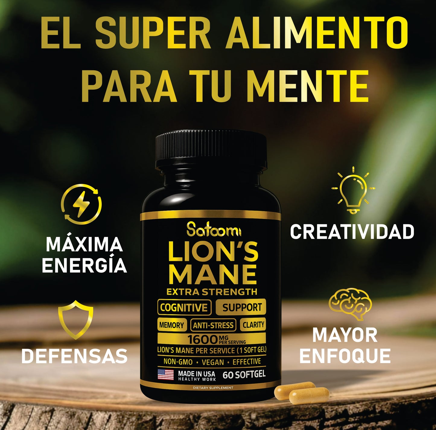 LIONS MANE  – Cápsulas Naturales con Melena de Leon, para el Apoyo de "Enfoque, Energía Mental, Bienestar Cognitivo"  (60 Cápsulas)